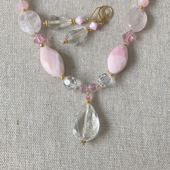 New Handmade Crystal Quartz Pink Peruvian Opal Swarovski Necklace - Picture 1 of 9
